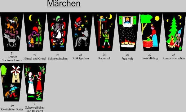 29 Gestiefelter Kater 33 Scheeweißchen  und Rosenrot 27 Froschkönig 28 Rumpelstielzchen 21 Bremer  Stadtmusikanten 22 Hänsel und Gretel 23 Schneewittchen 24 Rotkäppchen 25 Rapunzel 26 Frau Holle Märchen 27 Froschlkönig 28 Rumpelstielzchen